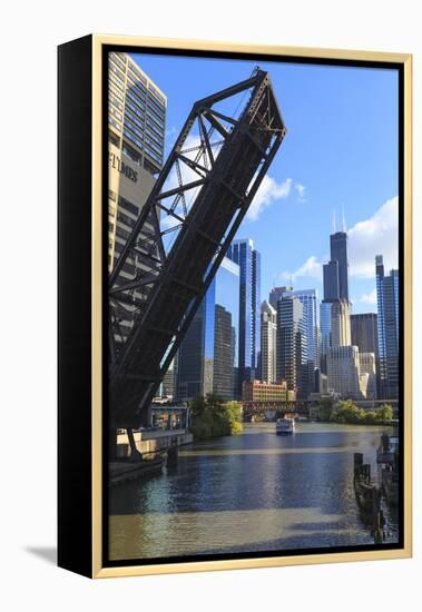 Chicago River and Downtown Towers, Willis Tower, Chicago, Illinois, USA-Amanda Hall-Framed Premier Image Canvas