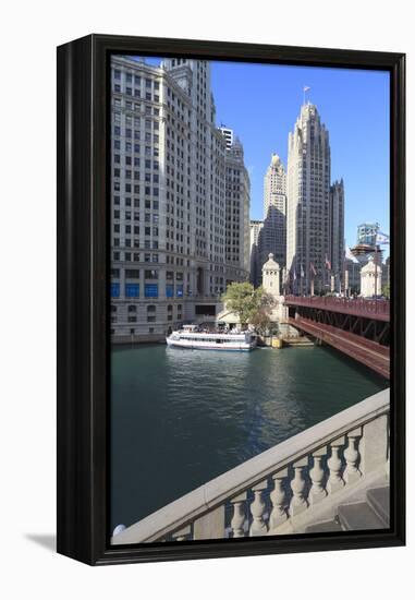 Chicago River and Dusable Bridge with Wrigley Building and Tribune Tower, Chicago, Illinois, USA-Amanda Hall-Framed Premier Image Canvas