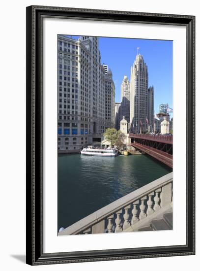 Chicago River and Dusable Bridge with Wrigley Building and Tribune Tower, Chicago, Illinois, USA-Amanda Hall-Framed Photographic Print