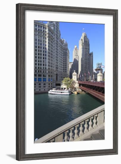 Chicago River and Dusable Bridge with Wrigley Building and Tribune Tower, Chicago, Illinois, USA-Amanda Hall-Framed Photographic Print