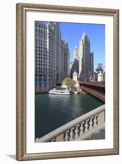 Chicago River and Dusable Bridge with Wrigley Building and Tribune Tower, Chicago, Illinois, USA-Amanda Hall-Framed Photographic Print