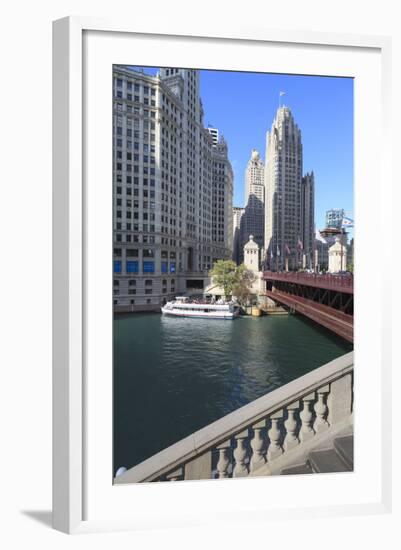 Chicago River and Dusable Bridge with Wrigley Building and Tribune Tower, Chicago, Illinois, USA-Amanda Hall-Framed Photographic Print