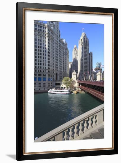 Chicago River and Dusable Bridge with Wrigley Building and Tribune Tower, Chicago, Illinois, USA-Amanda Hall-Framed Photographic Print