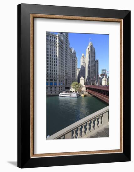 Chicago River and Dusable Bridge with Wrigley Building and Tribune Tower, Chicago, Illinois, USA-Amanda Hall-Framed Photographic Print