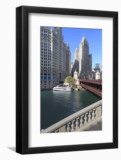 Chicago River and Dusable Bridge with Wrigley Building and Tribune Tower, Chicago, Illinois, USA-Amanda Hall-Framed Photographic Print