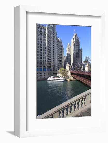 Chicago River and Dusable Bridge with Wrigley Building and Tribune Tower, Chicago, Illinois, USA-Amanda Hall-Framed Photographic Print