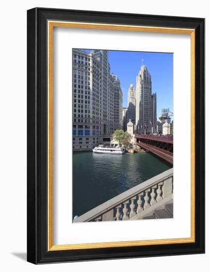 Chicago River and Dusable Bridge with Wrigley Building and Tribune Tower, Chicago, Illinois, USA-Amanda Hall-Framed Photographic Print