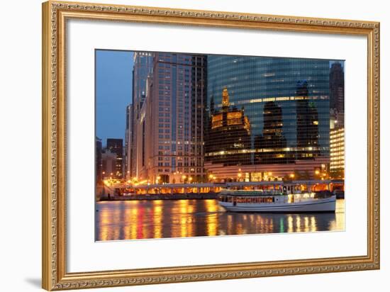 Chicago River and Skyline at Dusk in Summer with Boats-Alan Klehr-Framed Photographic Print