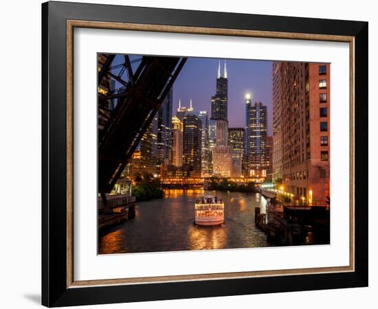 Chicago River and Skyline at Dusk with Boat-Alan Klehr-Framed Photographic Print