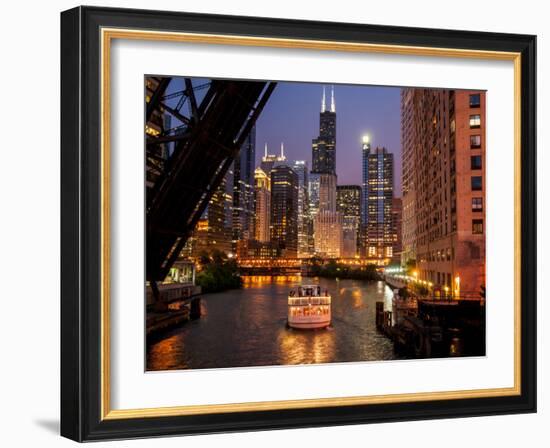 Chicago River and Skyline at Dusk with Boat-Alan Klehr-Framed Photographic Print