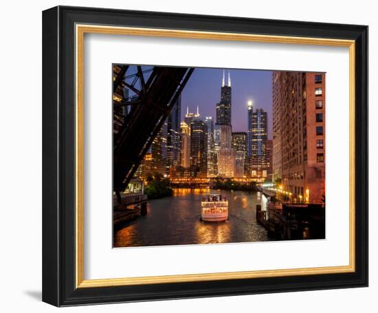 Chicago River and Skyline at Dusk with Boat-Alan Klehr-Framed Photographic Print