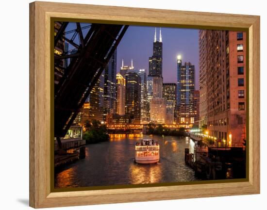 Chicago River and Skyline at Dusk with Boat-Alan Klehr-Framed Premier Image Canvas