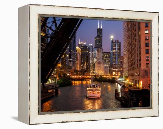 Chicago River and Skyline at Dusk with Boat-Alan Klehr-Framed Premier Image Canvas