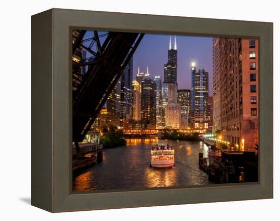 Chicago River and Skyline at Dusk with Boat-Alan Klehr-Framed Premier Image Canvas