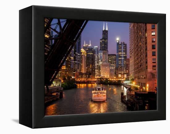 Chicago River and Skyline at Dusk with Boat-Alan Klehr-Framed Premier Image Canvas