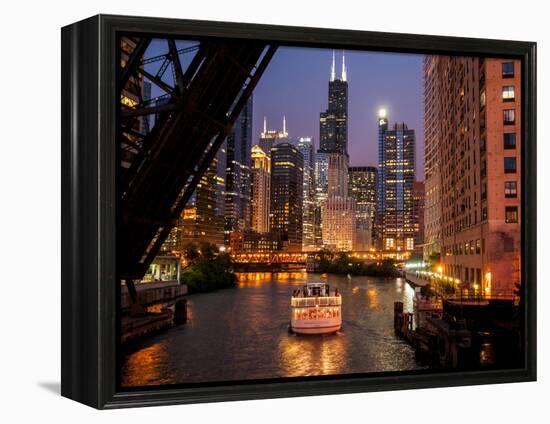 Chicago River and Skyline at Dusk with Boat-Alan Klehr-Framed Premier Image Canvas