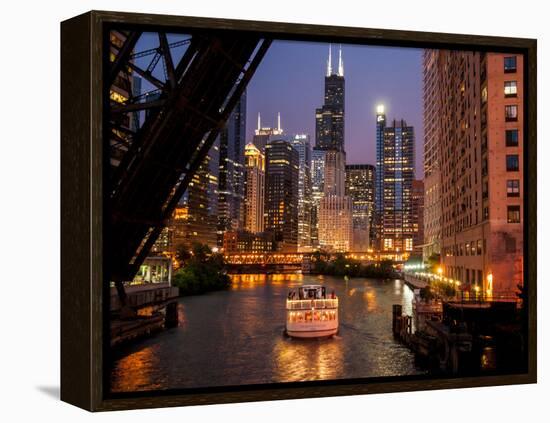 Chicago River and Skyline at Dusk with Boat-Alan Klehr-Framed Premier Image Canvas