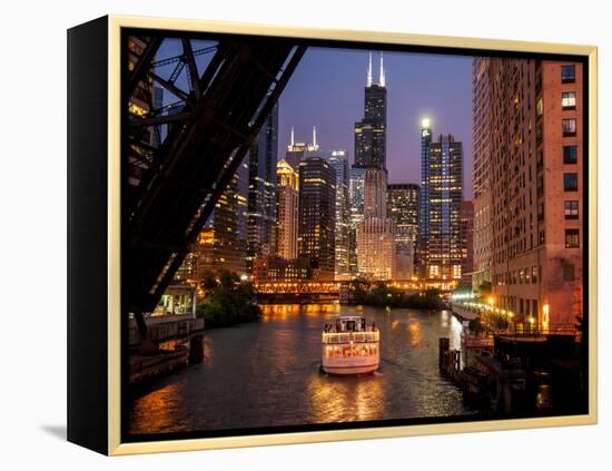 Chicago River and Skyline at Dusk with Boat-Alan Klehr-Framed Premier Image Canvas