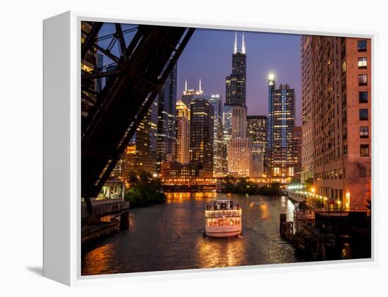 Chicago River and Skyline at Dusk with Boat-Alan Klehr-Framed Premier Image Canvas