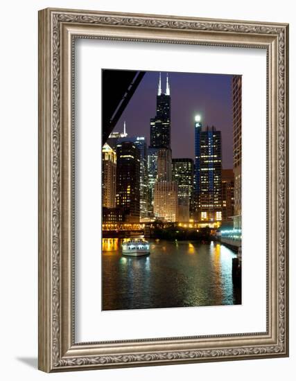 Chicago River and Skyline at Dusk with Boat-Alan Klehr-Framed Photographic Print