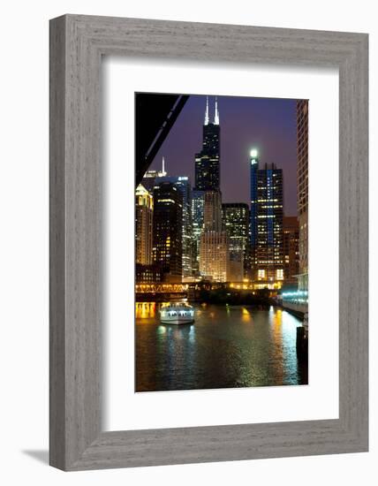 Chicago River and Skyline at Dusk with Boat-Alan Klehr-Framed Photographic Print