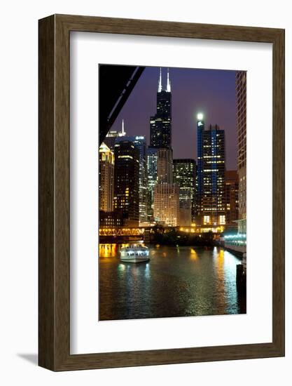 Chicago River and Skyline at Dusk with Boat-Alan Klehr-Framed Photographic Print