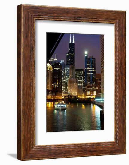 Chicago River and Skyline at Dusk with Boat-Alan Klehr-Framed Photographic Print