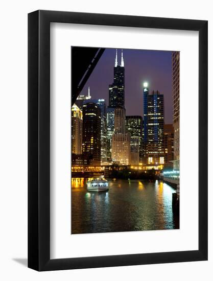 Chicago River and Skyline at Dusk with Boat-Alan Klehr-Framed Photographic Print