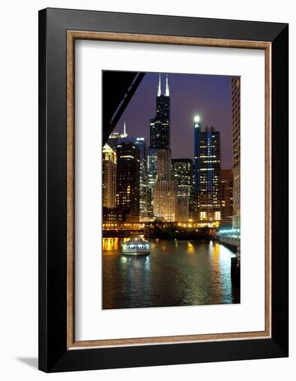 Chicago River and Skyline at Dusk with Boat-Alan Klehr-Framed Photographic Print