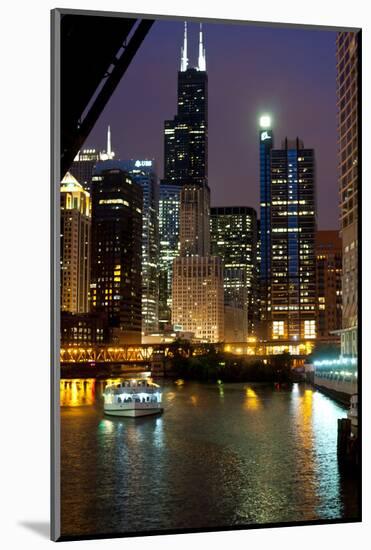 Chicago River and Skyline at Dusk with Boat-Alan Klehr-Mounted Photographic Print