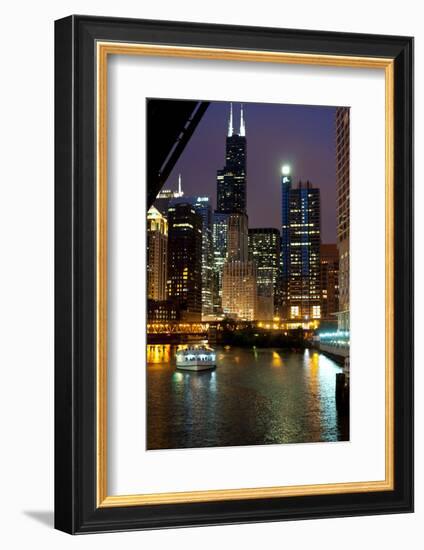 Chicago River and Skyline at Dusk with Boat-Alan Klehr-Framed Photographic Print