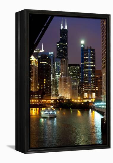 Chicago River and Skyline at Dusk with Boat-Alan Klehr-Framed Premier Image Canvas