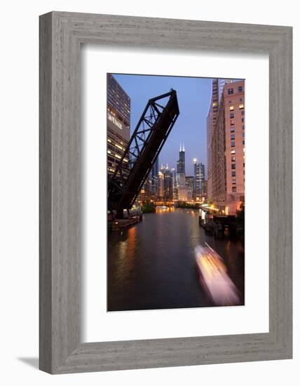 Chicago River and Skyline at Dusk with Boat-Alan Klehr-Framed Photographic Print