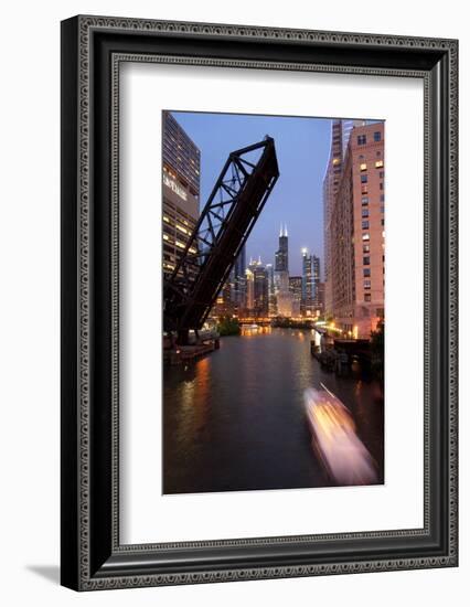 Chicago River and Skyline at Dusk with Boat-Alan Klehr-Framed Photographic Print