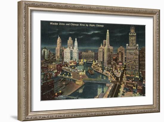 Chicago River at Wacker by Night, Chicago, Illinois-null-Framed Art Print