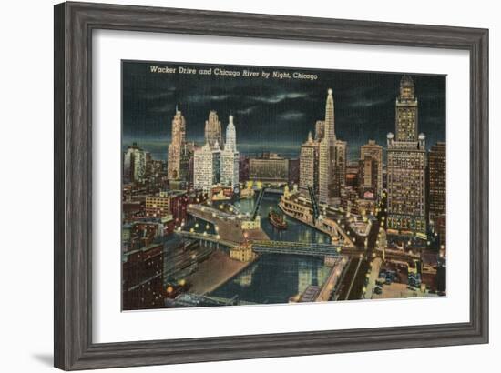 Chicago River at Wacker by Night, Chicago, Illinois-null-Framed Art Print