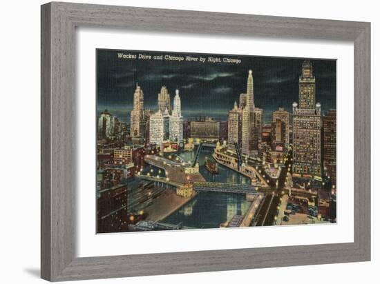 Chicago River at Wacker by Night, Chicago, Illinois-null-Framed Art Print