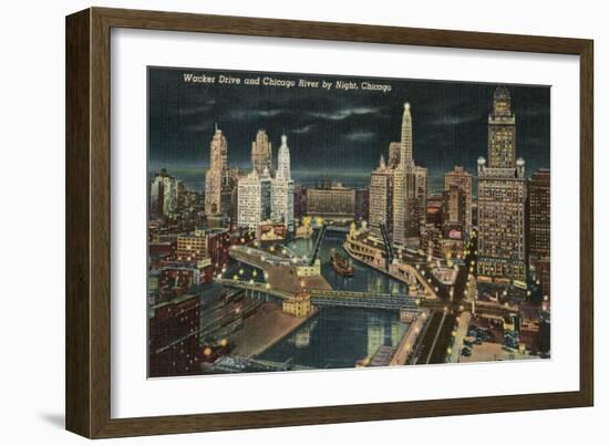 Chicago River at Wacker by Night, Chicago, Illinois-null-Framed Art Print