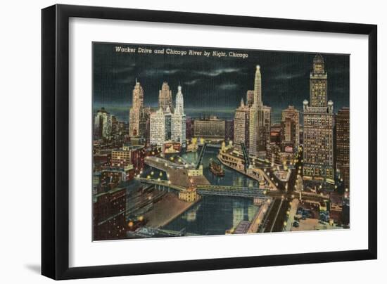 Chicago River at Wacker by Night, Chicago, Illinois-null-Framed Art Print