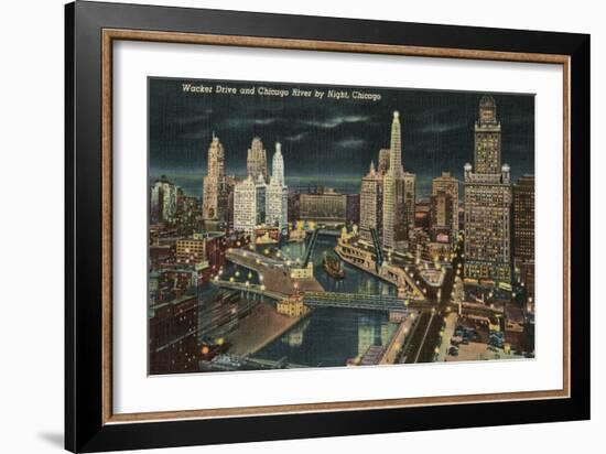 Chicago River at Wacker by Night, Chicago, Illinois-null-Framed Art Print