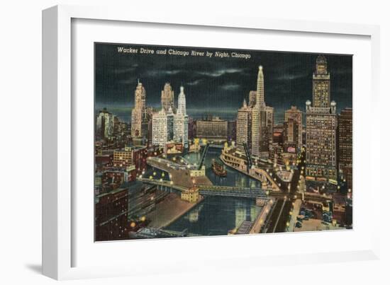 Chicago River at Wacker by Night, Chicago, Illinois-null-Framed Art Print