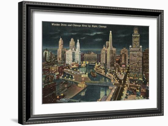 Chicago River at Wacker by Night, Chicago, Illinois-null-Framed Art Print