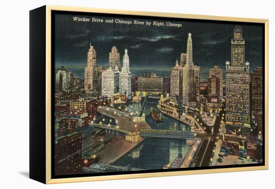 Chicago River at Wacker by Night, Chicago, Illinois-null-Framed Stretched Canvas