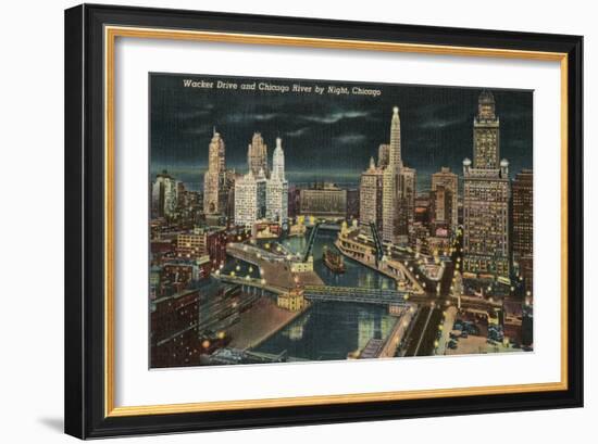 Chicago River at Wacker by Night, Chicago, Illinois-null-Framed Premium Giclee Print