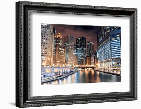 Chicago River Walk with Urban Skyscrapers Illuminated with Lights and Water Reflection at Night.-Songquan Deng-Framed Photographic Print