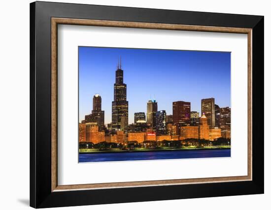 Chicago Skyline and Lake Michigan at Dusk with the Willis Tower on the Left, Chicago, Illinois, USA-Amanda Hall-Framed Photographic Print