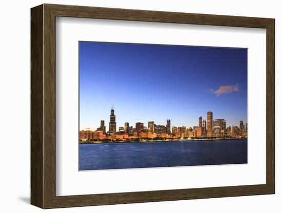 Chicago Skyline and Lake Michigan at Dusk with the Willis Tower on the Left, Chicago, Illinois, USA-Amanda Hall-Framed Photographic Print