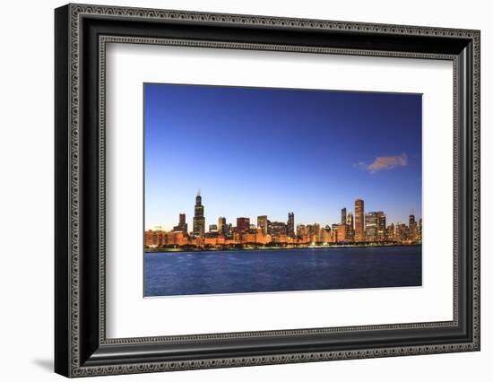 Chicago Skyline and Lake Michigan at Dusk with the Willis Tower on the Left, Chicago, Illinois, USA-Amanda Hall-Framed Photographic Print