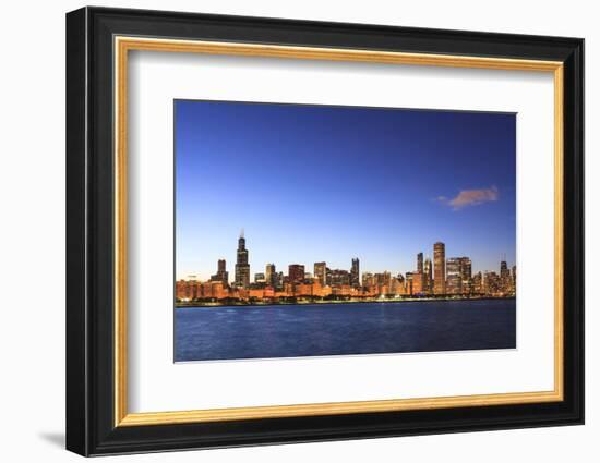 Chicago Skyline and Lake Michigan at Dusk with the Willis Tower on the Left, Chicago, Illinois, USA-Amanda Hall-Framed Photographic Print