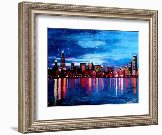 Chicago Skyline at Night-Martina Bleichner-Framed Art Print